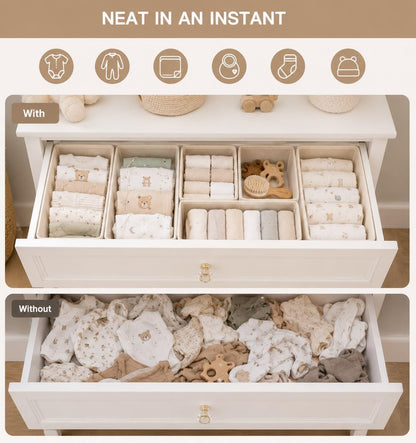 6 Pack Baby Drawer Organizers, Nursery Dresser Drawer Storage Bins, Foldable Fabric Organizers for Baby Clothes, Diapers, Socks, Bibs & Accessories, Beige