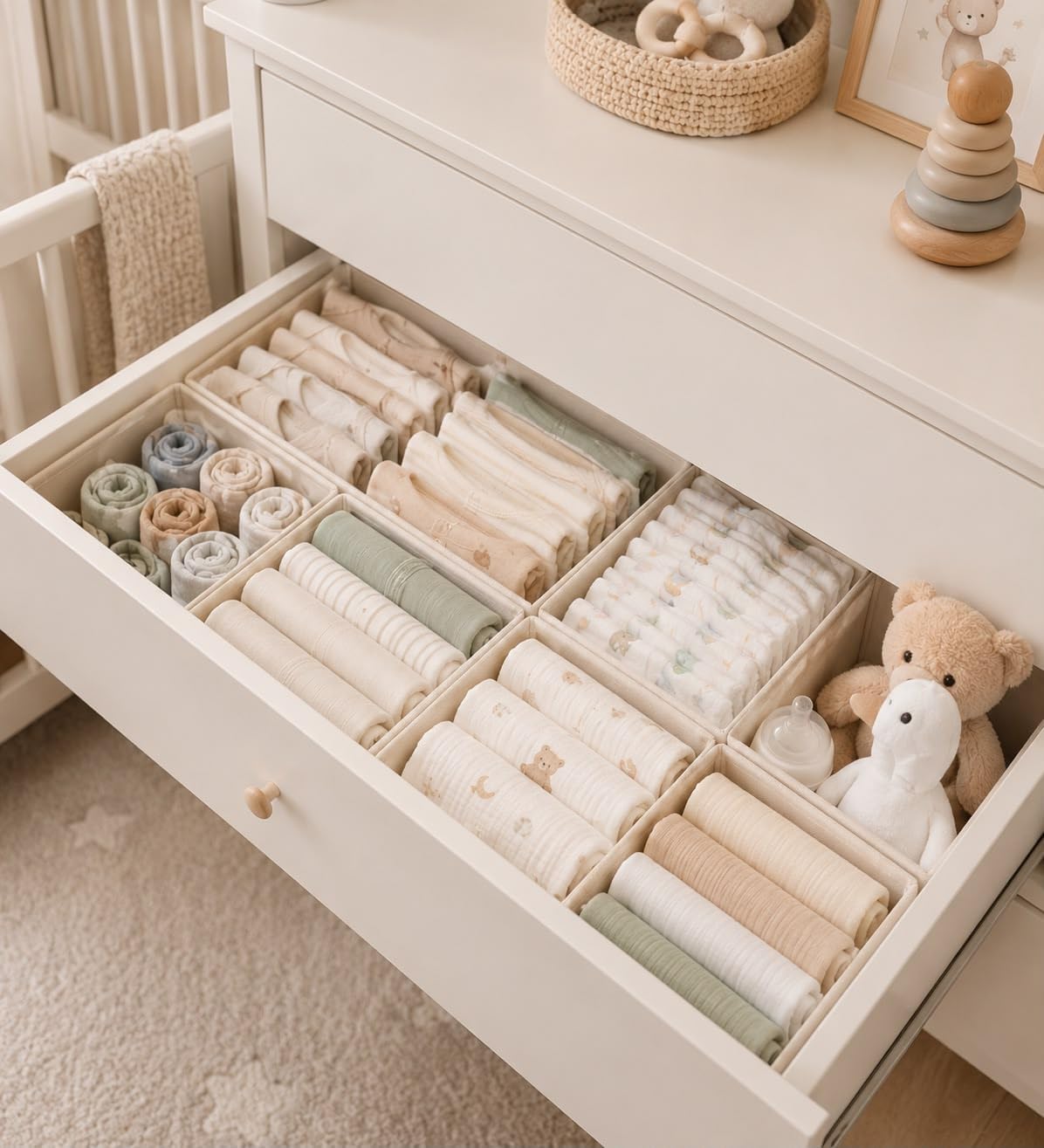 6 Pack Baby Drawer Organizers, Nursery Dresser Drawer Storage Bins, Foldable Fabric Organizers for Baby Clothes, Diapers, Socks, Bibs & Accessories, Beige