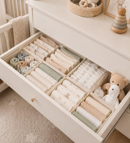 6 Pack Baby Drawer Organizers, Nursery Dresser Drawer Storage Bins, Foldable Fabric Organizers for Baby Clothes, Diapers, Socks, Bibs & Accessories, Beige