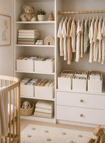 6 Pack Baby Drawer Organizers, Nursery Dresser Drawer Storage Bins, Foldable Fabric Organizers for Baby Clothes, Diapers, Socks, Bibs & Accessories, Beige
