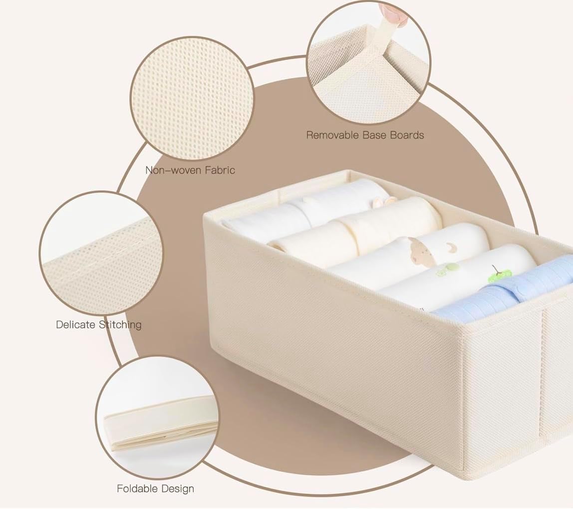 6 Pack Baby Drawer Organizers, Nursery Dresser Drawer Storage Bins, Foldable Fabric Organizers for Baby Clothes, Diapers, Socks, Bibs & Accessories, Beige