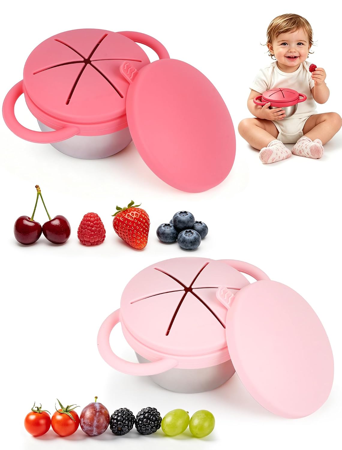 2 Pack Stainless Steel Toddler Snack Cups, Spill-Proof Double-Lid