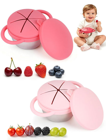 2 Pack Stainless Steel Toddler Snack Cups, Spill-Proof Double-Lid