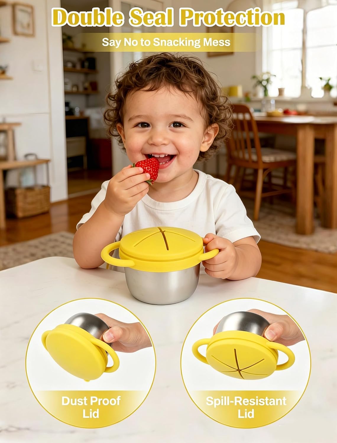 2 Pack Stainless Steel Toddler Snack Cups, Spill-Proof Double-Lid