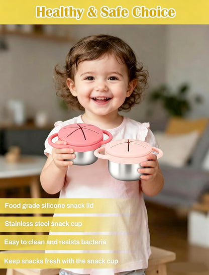 2 Pack Stainless Steel Toddler Snack Cups, Spill-Proof Double-Lid