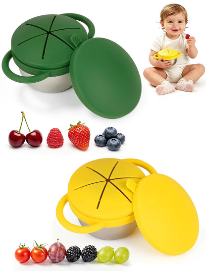 2 Pack Stainless Steel Toddler Snack Cups, Spill-Proof Double-Lid