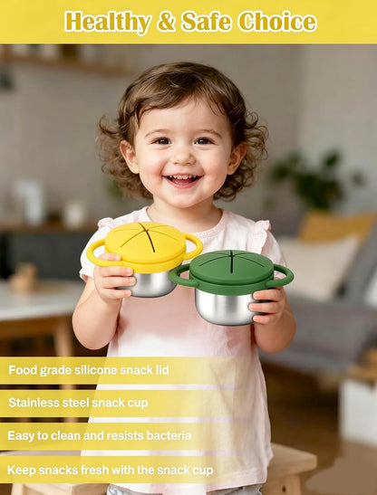 2 Pack Stainless Steel Toddler Snack Cups, Spill-Proof Double-Lid