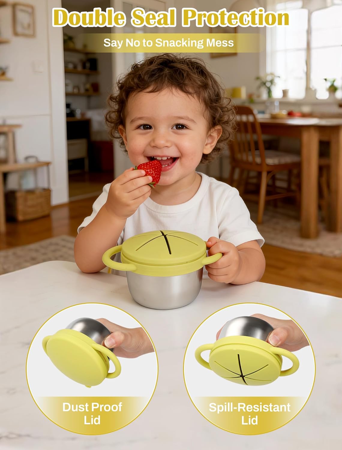 2 Pack Stainless Steel Toddler Snack Cups, Spill-Proof Double-Lid
