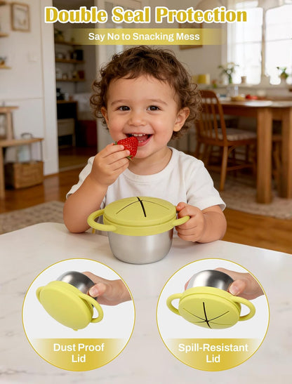 2 Pack Stainless Steel Toddler Snack Cups, Spill-Proof Double-Lid