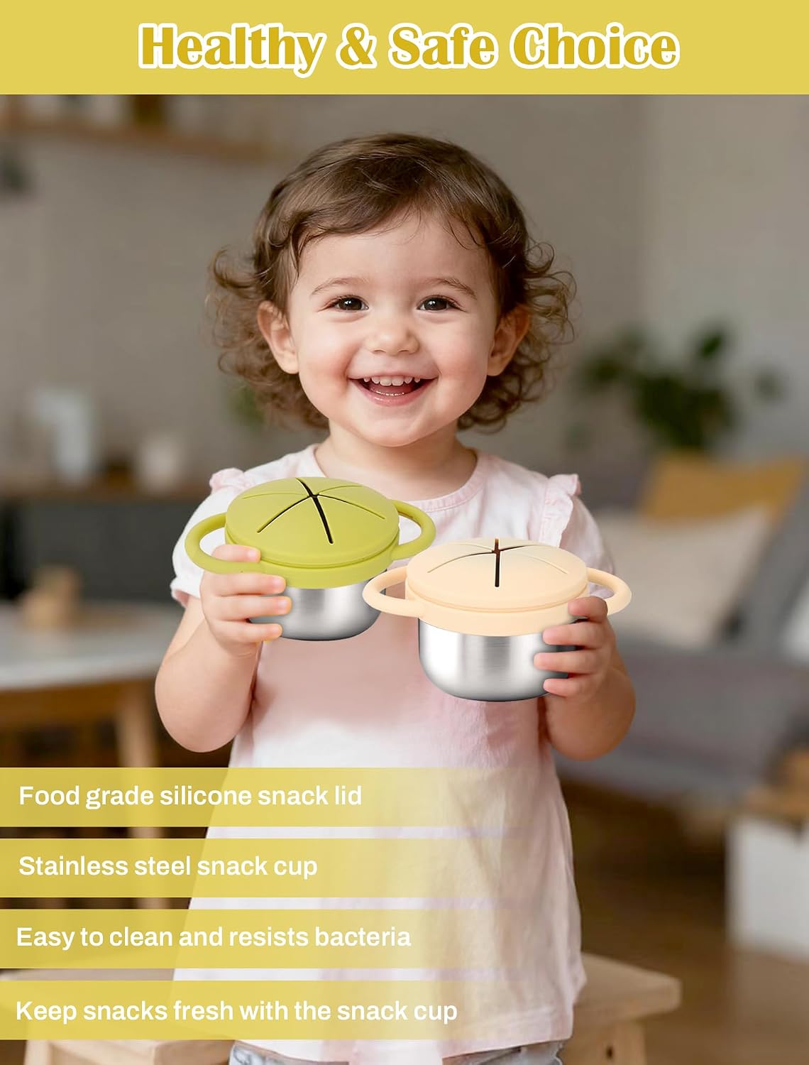 2 Pack Stainless Steel Toddler Snack Cups, Spill-Proof Double-Lid