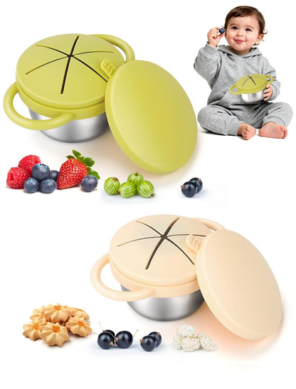2 Pack Stainless Steel Toddler Snack Cups, Spill-Proof Double-Lid