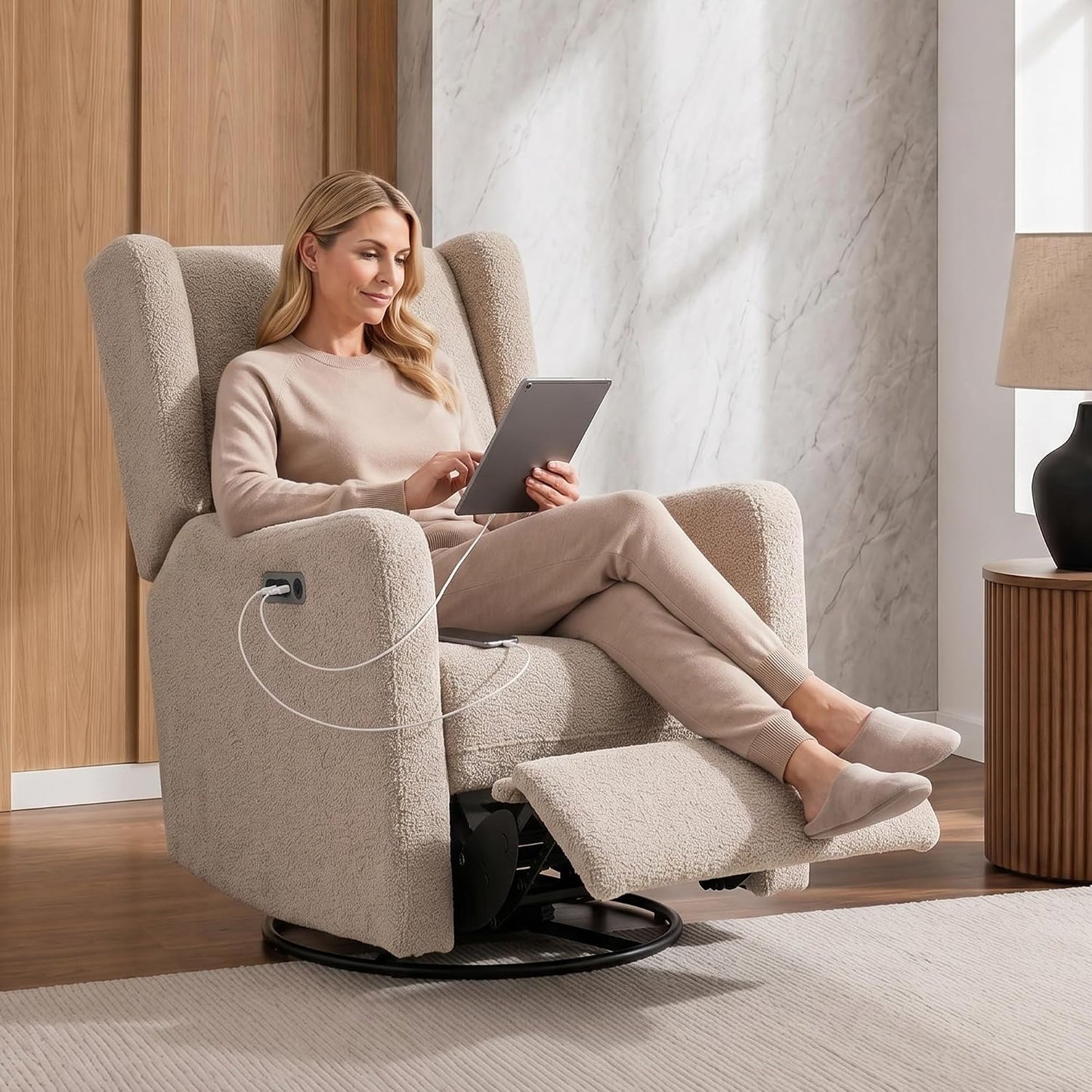 Mercer Electronic Power Recliner and Swivel Glider with USB Port in LiveSmart Performance Fabric - Water Repellent & Stain Resistant, Pearl