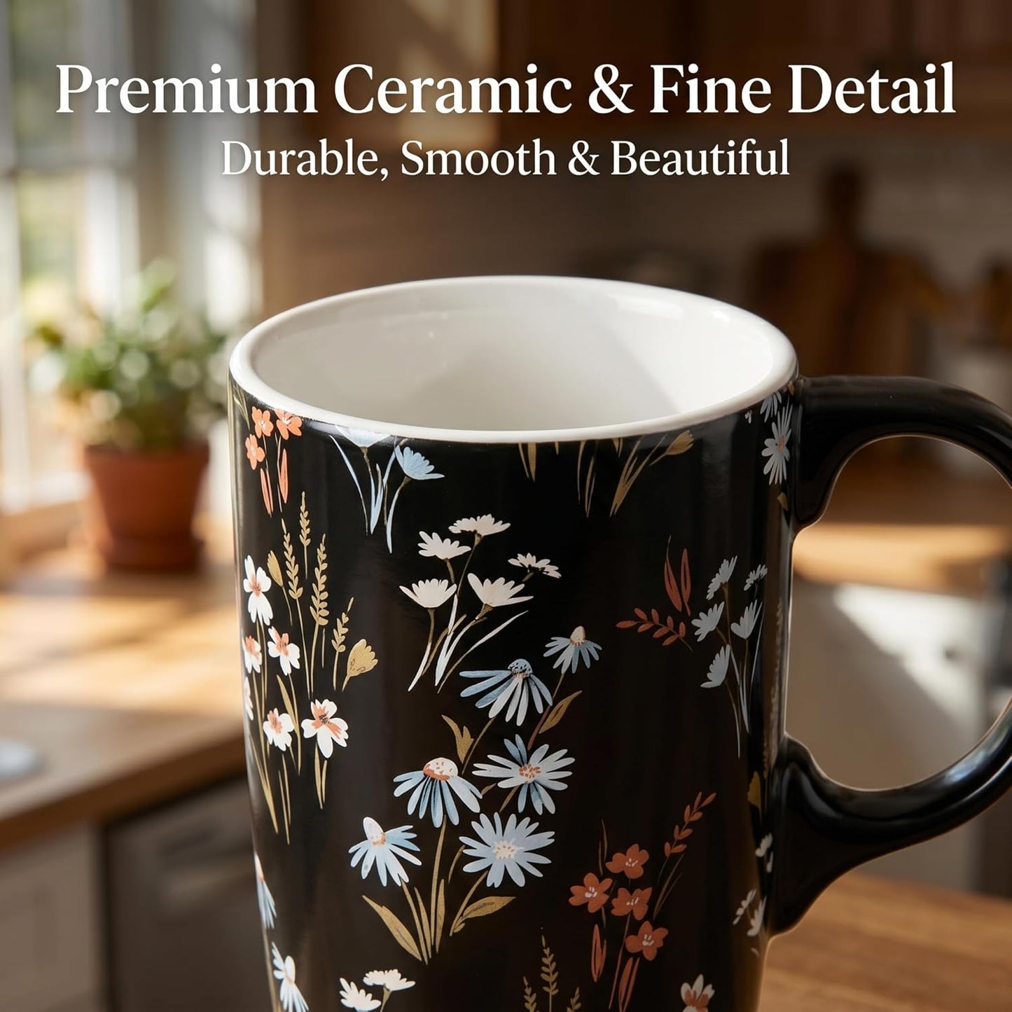 17oz Ceramic Travel Mug with Lid, Floral Coffee Mug with Handle | 17oz Ceramic Travel Mug • Floral Watercolor Design • Spill-Resistant Lid • Microwave & Dishwasher Safe • Gift Box
