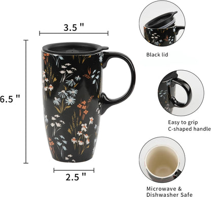 17oz Ceramic Travel Mug with Lid, Floral Coffee Mug with Handle | 17oz Ceramic Travel Mug • Floral Watercolor Design • Spill-Resistant Lid • Microwave & Dishwasher Safe • Gift Box
