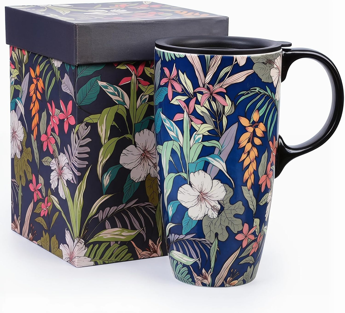 17oz Ceramic Travel Mug with Lid, Floral Coffee Mug with Handle | 17oz Ceramic Travel Mug • Floral Watercolor Design • Spill-Resistant Lid • Microwave & Dishwasher Safe • Gift Box