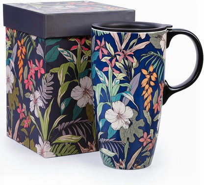 17oz Ceramic Travel Mug with Lid, Floral Coffee Mug with Handle | 17oz Ceramic Travel Mug • Floral Watercolor Design • Spill-Resistant Lid • Microwave & Dishwasher Safe • Gift Box
