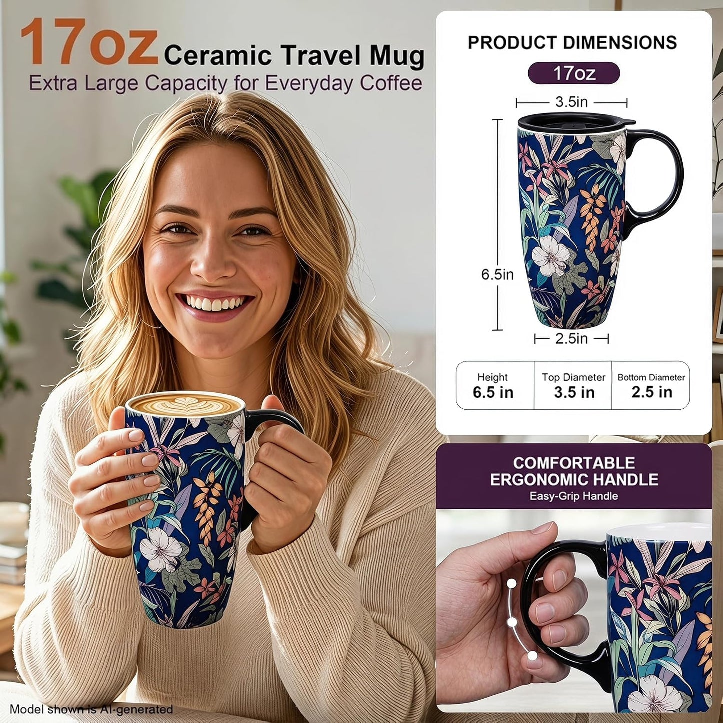 17oz Ceramic Travel Mug with Lid, Floral Coffee Mug with Handle | 17oz Ceramic Travel Mug • Floral Watercolor Design • Spill-Resistant Lid • Microwave & Dishwasher Safe • Gift Box
