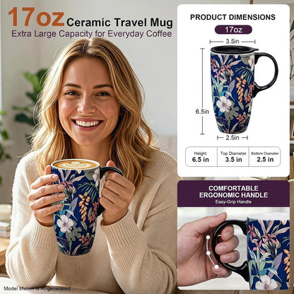 17oz Ceramic Travel Mug with Lid, Floral Coffee Mug with Handle | 17oz Ceramic Travel Mug • Floral Watercolor Design • Spill-Resistant Lid • Microwave & Dishwasher Safe • Gift Box