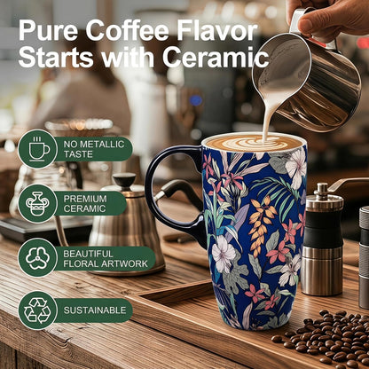 17oz Ceramic Travel Mug with Lid, Floral Coffee Mug with Handle | 17oz Ceramic Travel Mug • Floral Watercolor Design • Spill-Resistant Lid • Microwave & Dishwasher Safe • Gift Box