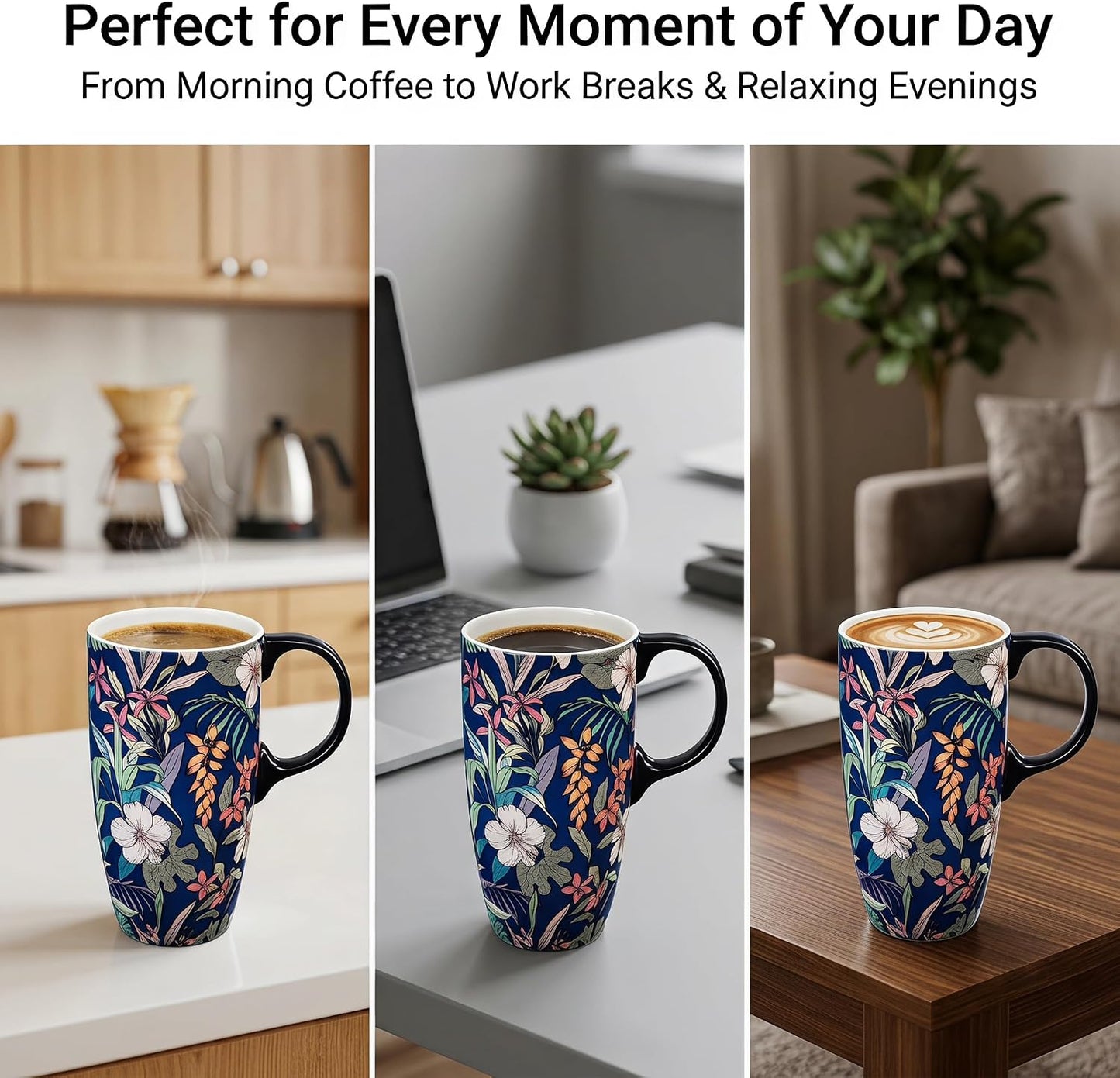 17oz Ceramic Travel Mug with Lid, Floral Coffee Mug with Handle | 17oz Ceramic Travel Mug • Floral Watercolor Design • Spill-Resistant Lid • Microwave & Dishwasher Safe • Gift Box