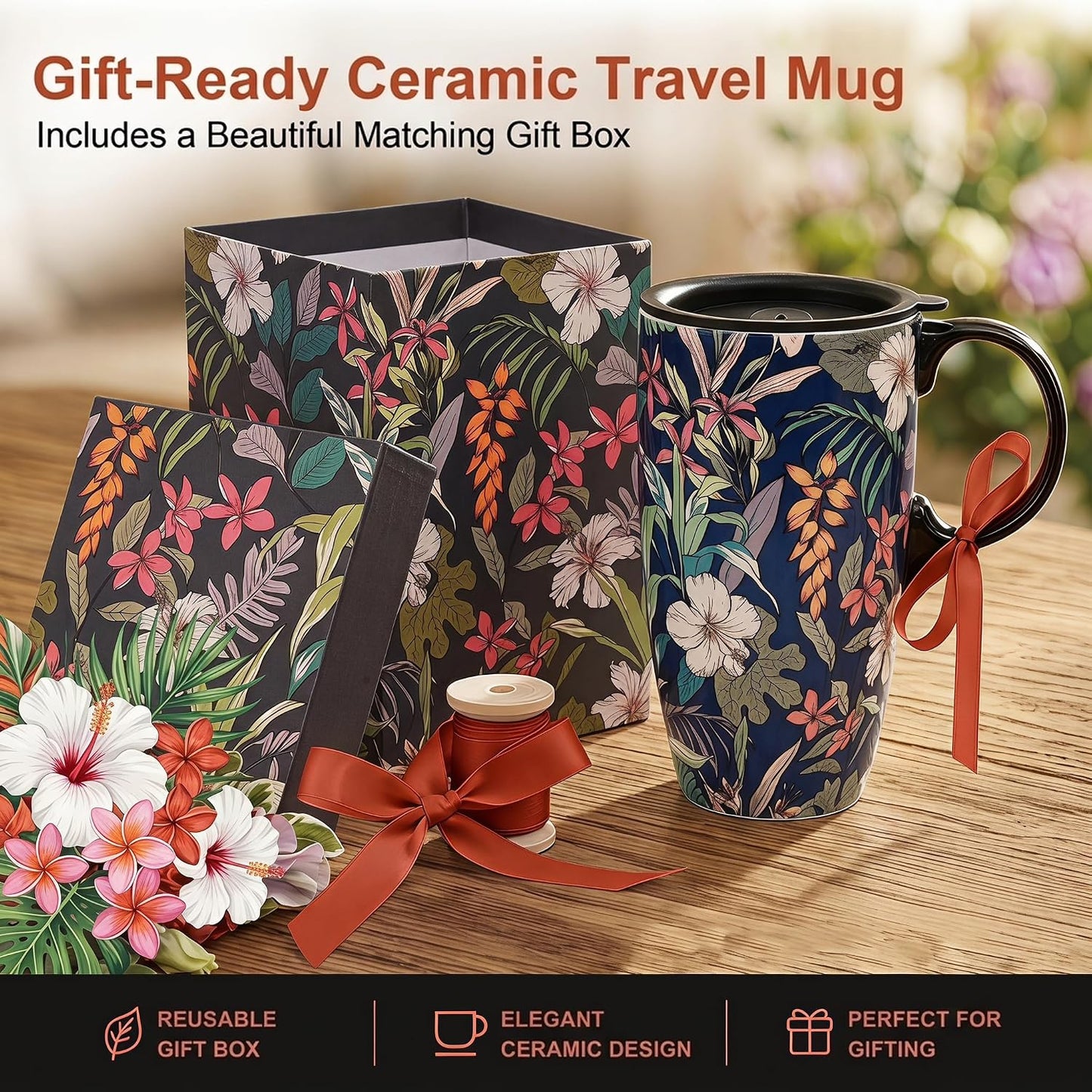 17oz Ceramic Travel Mug with Lid, Floral Coffee Mug with Handle | 17oz Ceramic Travel Mug • Floral Watercolor Design • Spill-Resistant Lid • Microwave & Dishwasher Safe • Gift Box