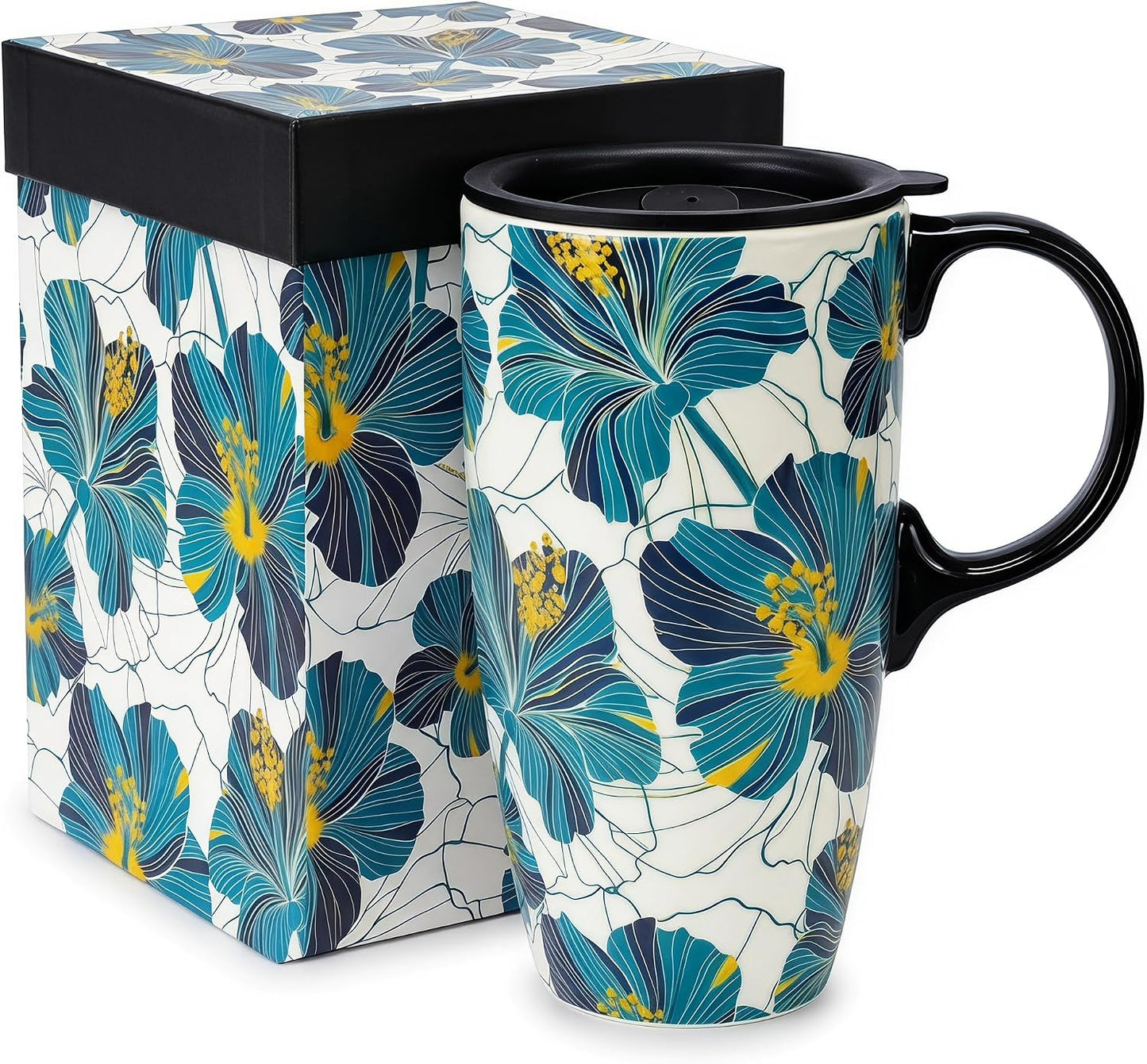 17oz Ceramic Travel Mug with Lid, Floral Coffee Mug with Handle | 17oz Ceramic Travel Mug • Floral Watercolor Design • Spill-Resistant Lid • Microwave & Dishwasher Safe • Gift Box