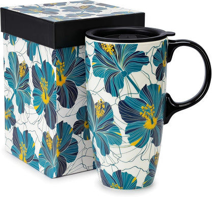 17oz Ceramic Travel Mug with Lid, Floral Coffee Mug with Handle | 17oz Ceramic Travel Mug • Floral Watercolor Design • Spill-Resistant Lid • Microwave & Dishwasher Safe • Gift Box