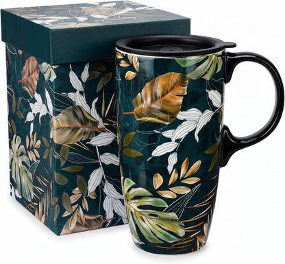 17oz Ceramic Travel Mug with Lid, Floral Coffee Mug with Handle | 17oz Ceramic Travel Mug • Floral Watercolor Design • Spill-Resistant Lid • Microwave & Dishwasher Safe • Gift Box
