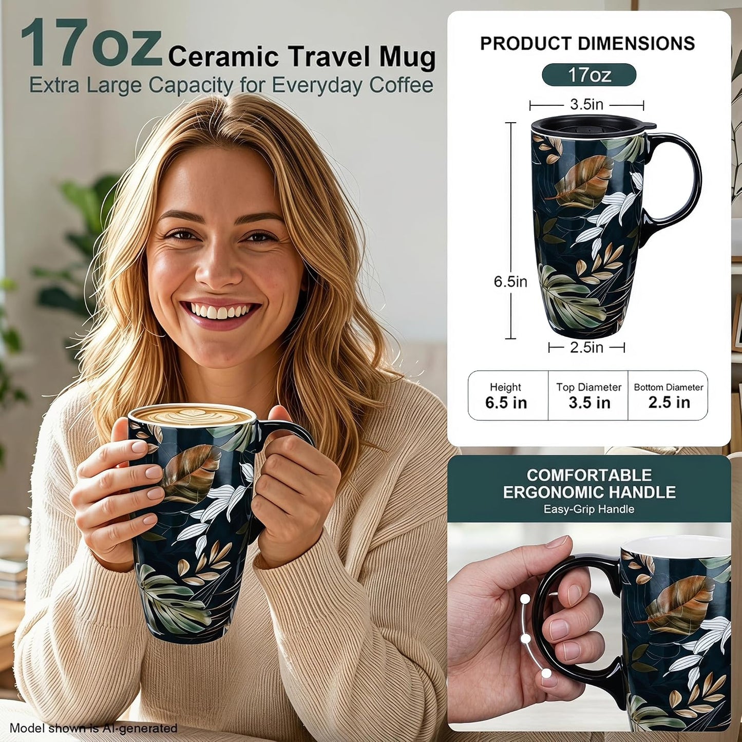 17oz Ceramic Travel Mug with Lid, Floral Coffee Mug with Handle | 17oz Ceramic Travel Mug • Floral Watercolor Design • Spill-Resistant Lid • Microwave & Dishwasher Safe • Gift Box