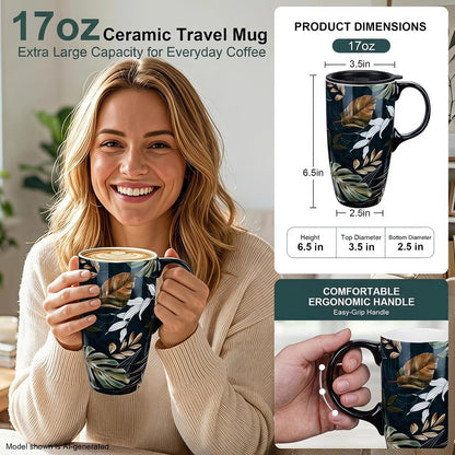 17oz Ceramic Travel Mug with Lid, Floral Coffee Mug with Handle | 17oz Ceramic Travel Mug • Floral Watercolor Design • Spill-Resistant Lid • Microwave & Dishwasher Safe • Gift Box