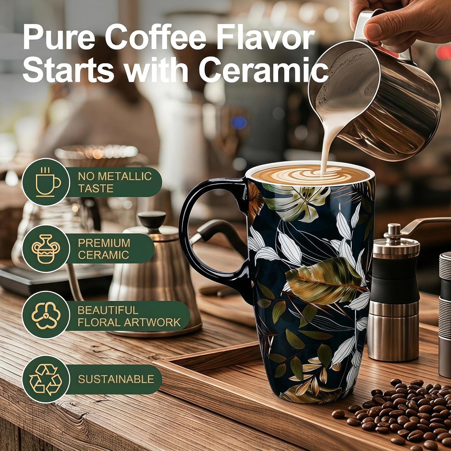 17oz Ceramic Travel Mug with Lid, Floral Coffee Mug with Handle | 17oz Ceramic Travel Mug • Floral Watercolor Design • Spill-Resistant Lid • Microwave & Dishwasher Safe • Gift Box