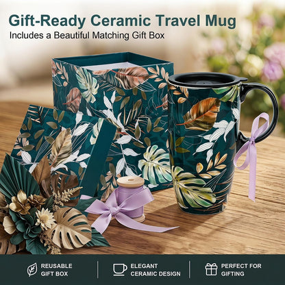 17oz Ceramic Travel Mug with Lid, Floral Coffee Mug with Handle | 17oz Ceramic Travel Mug • Floral Watercolor Design • Spill-Resistant Lid • Microwave & Dishwasher Safe • Gift Box
