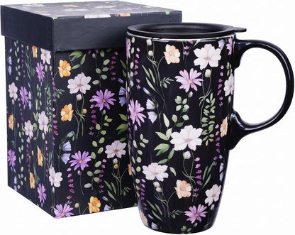 17oz Ceramic Travel Mug with Lid, Floral Coffee Mug with Handle | 17oz Ceramic Travel Mug • Floral Watercolor Design • Spill-Resistant Lid • Microwave & Dishwasher Safe • Gift Box