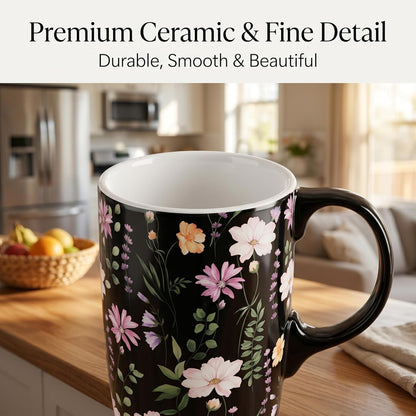 17oz Ceramic Travel Mug with Lid, Floral Coffee Mug with Handle | 17oz Ceramic Travel Mug • Floral Watercolor Design • Spill-Resistant Lid • Microwave & Dishwasher Safe • Gift Box