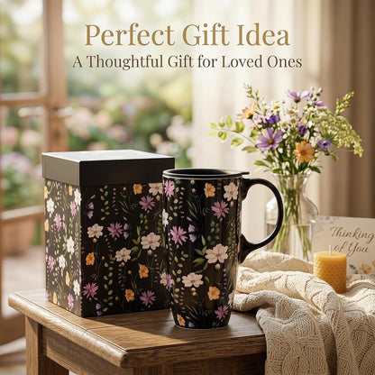 17oz Ceramic Travel Mug with Lid, Floral Coffee Mug with Handle | 17oz Ceramic Travel Mug • Floral Watercolor Design • Spill-Resistant Lid • Microwave & Dishwasher Safe • Gift Box