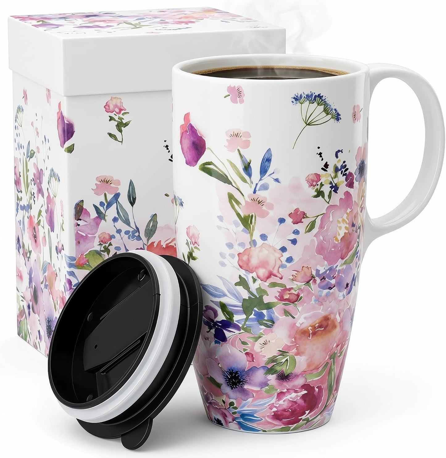 17oz Ceramic Travel Mug with Lid, Floral Coffee Mug with Handle | 17oz Ceramic Travel Mug • Floral Watercolor Design • Spill-Resistant Lid • Microwave & Dishwasher Safe • Gift Box