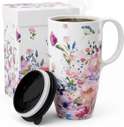 17oz Ceramic Travel Mug with Lid, Floral Coffee Mug with Handle | 17oz Ceramic Travel Mug • Floral Watercolor Design • Spill-Resistant Lid • Microwave & Dishwasher Safe • Gift Box