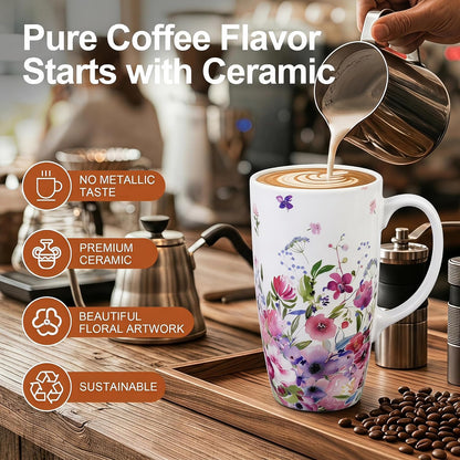 17oz Ceramic Travel Mug with Lid, Floral Coffee Mug with Handle | 17oz Ceramic Travel Mug • Floral Watercolor Design • Spill-Resistant Lid • Microwave & Dishwasher Safe • Gift Box