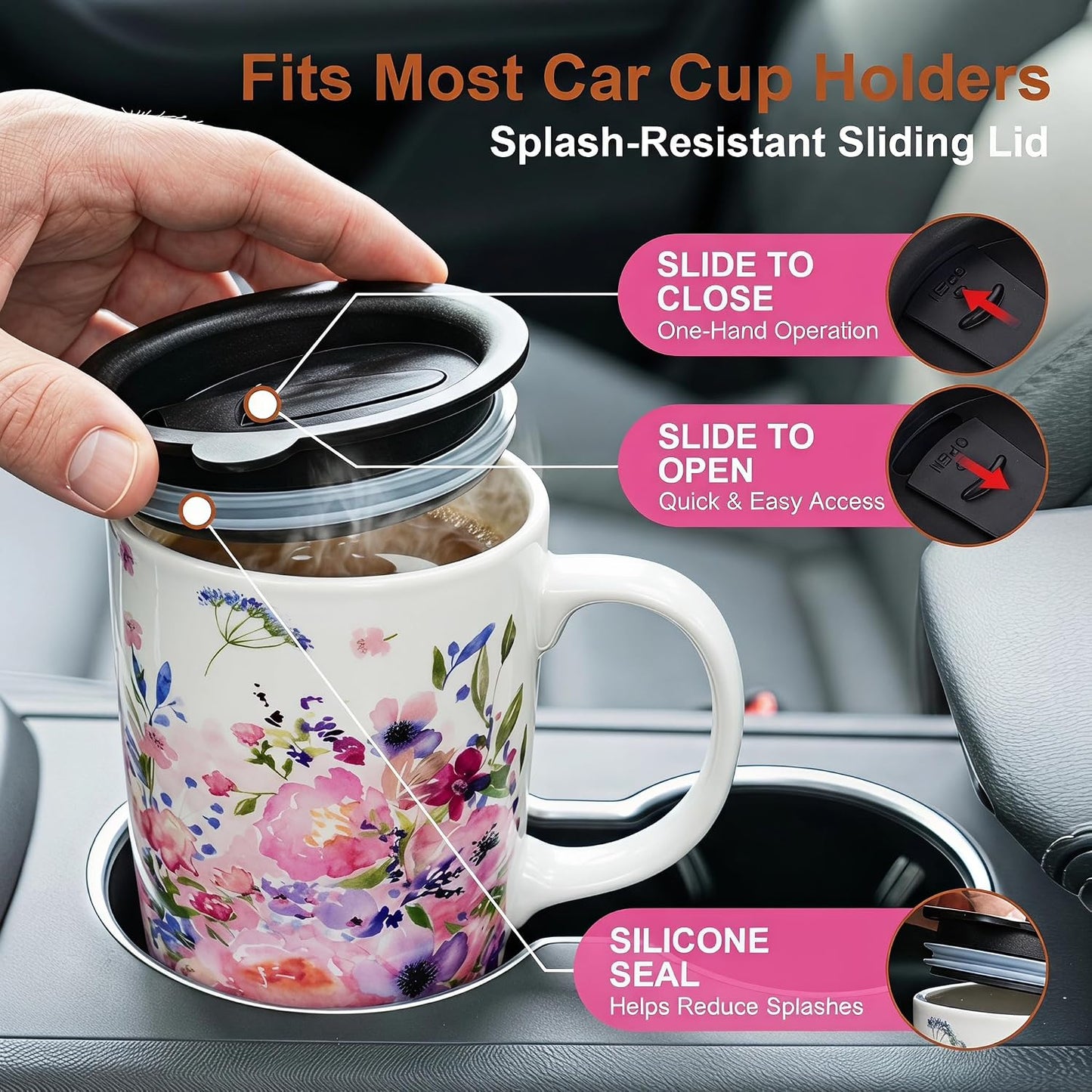 17oz Ceramic Travel Mug with Lid, Floral Coffee Mug with Handle | 17oz Ceramic Travel Mug • Floral Watercolor Design • Spill-Resistant Lid • Microwave & Dishwasher Safe • Gift Box