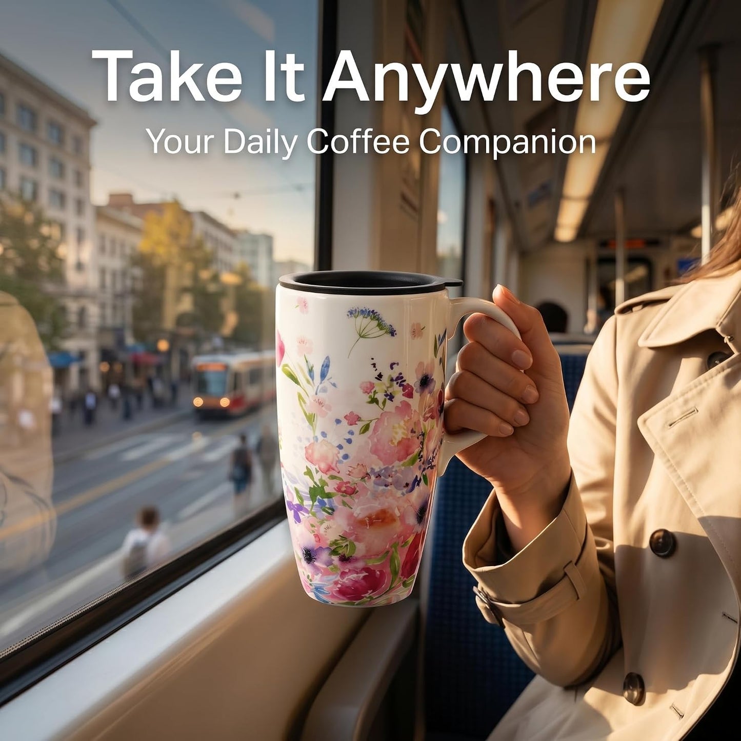 17oz Ceramic Travel Mug with Lid, Floral Coffee Mug with Handle | 17oz Ceramic Travel Mug • Floral Watercolor Design • Spill-Resistant Lid • Microwave & Dishwasher Safe • Gift Box