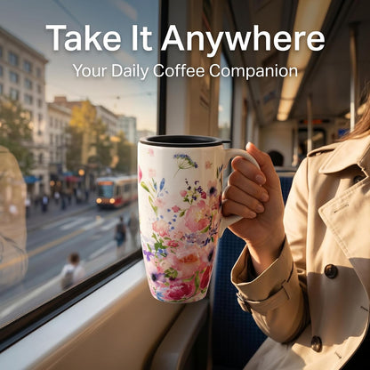 17oz Ceramic Travel Mug with Lid, Floral Coffee Mug with Handle | 17oz Ceramic Travel Mug • Floral Watercolor Design • Spill-Resistant Lid • Microwave & Dishwasher Safe • Gift Box