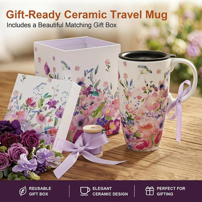 17oz Ceramic Travel Mug with Lid, Floral Coffee Mug with Handle | 17oz Ceramic Travel Mug • Floral Watercolor Design • Spill-Resistant Lid • Microwave & Dishwasher Safe • Gift Box