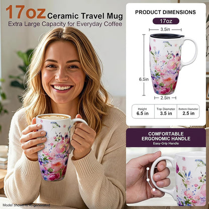 17oz Ceramic Travel Mug with Lid, Floral Coffee Mug with Handle | 17oz Ceramic Travel Mug • Floral Watercolor Design • Spill-Resistant Lid • Microwave & Dishwasher Safe • Gift Box