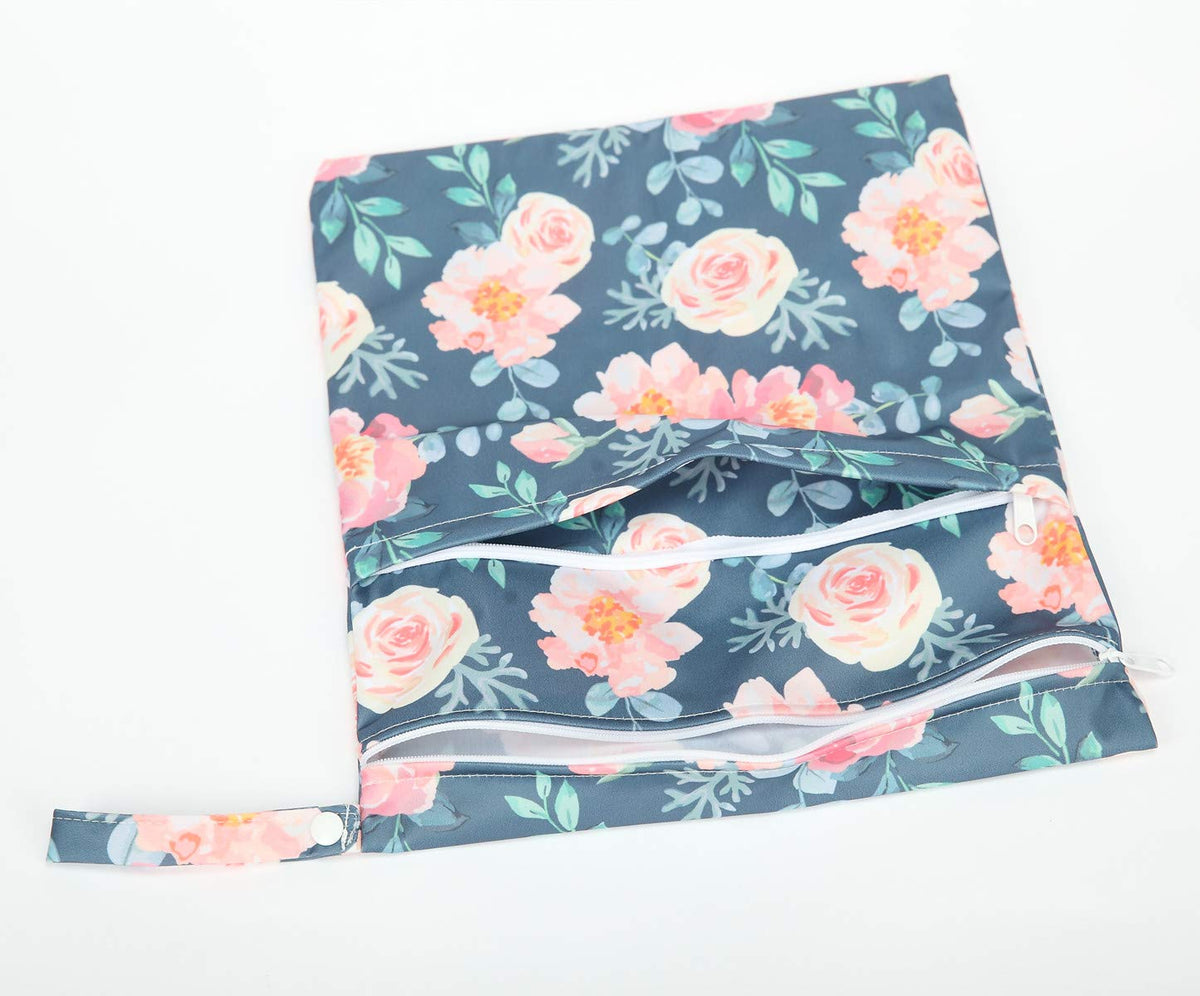 Wet Dry Bag Baby Cloth Diaper Nappy Insert Reusable Washable (Pink Flowers)