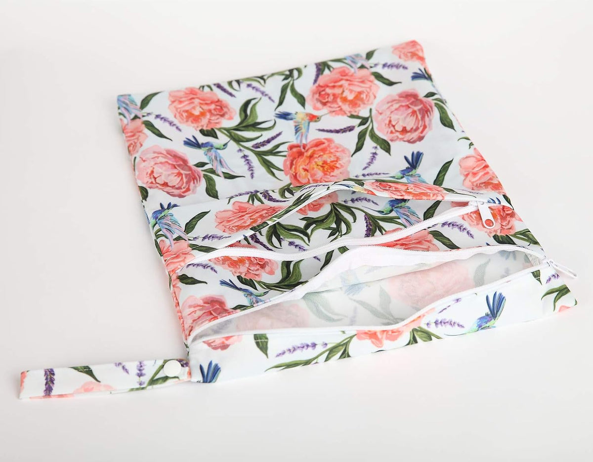 Wet Dry Bag Baby Cloth Diaper Nappy Insert Reusable Washable (Pink Flowers)