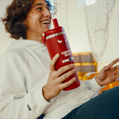 NBA Officially Licensed New York Knicks Nomad 32oz Insulated Stainless Steel Leakproof Travel Tumbler with Flexible Grip Handle, Straw Lid & Cupholder Friendly
