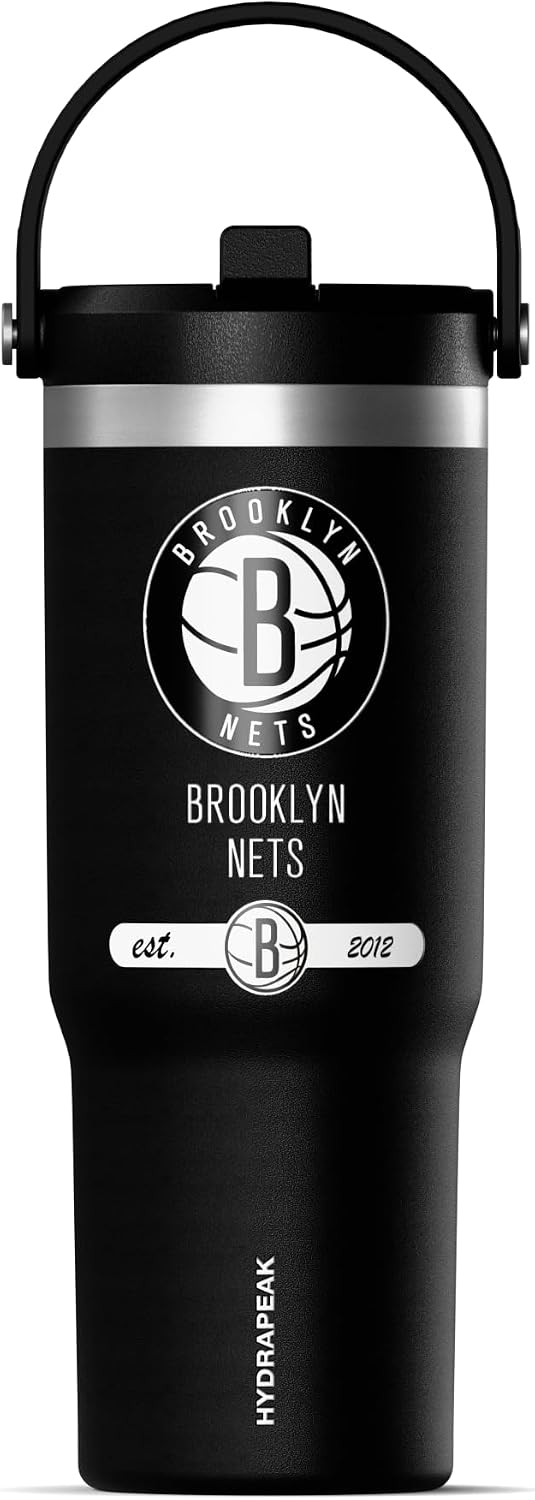 NBA Officially Licensed New York Knicks Nomad 32oz Insulated Stainless Steel Leakproof Travel Tumbler with Flexible Grip Handle, Straw Lid & Cupholder Friendly