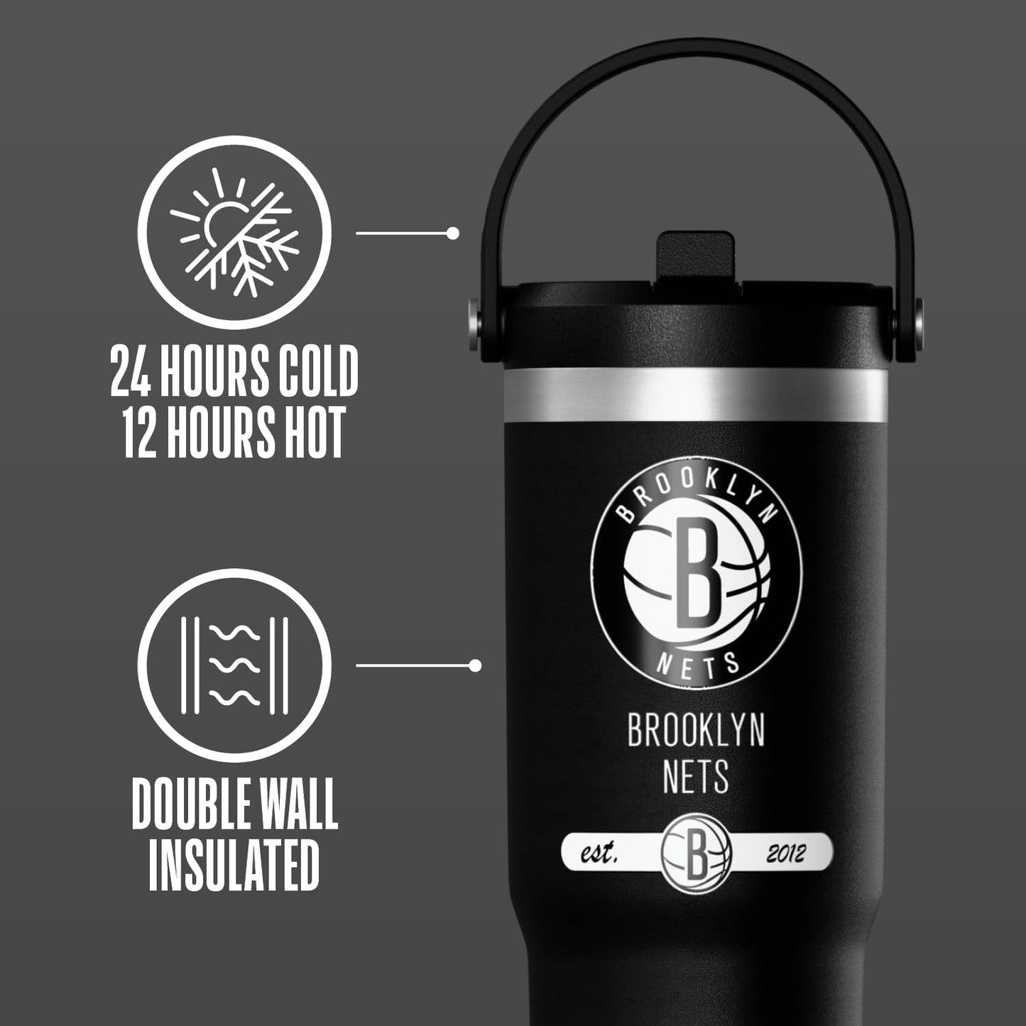 NBA Officially Licensed New York Knicks Nomad 32oz Insulated Stainless Steel Leakproof Travel Tumbler with Flexible Grip Handle, Straw Lid & Cupholder Friendly