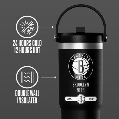 NBA Officially Licensed New York Knicks Nomad 32oz Insulated Stainless Steel Leakproof Travel Tumbler with Flexible Grip Handle, Straw Lid & Cupholder Friendly