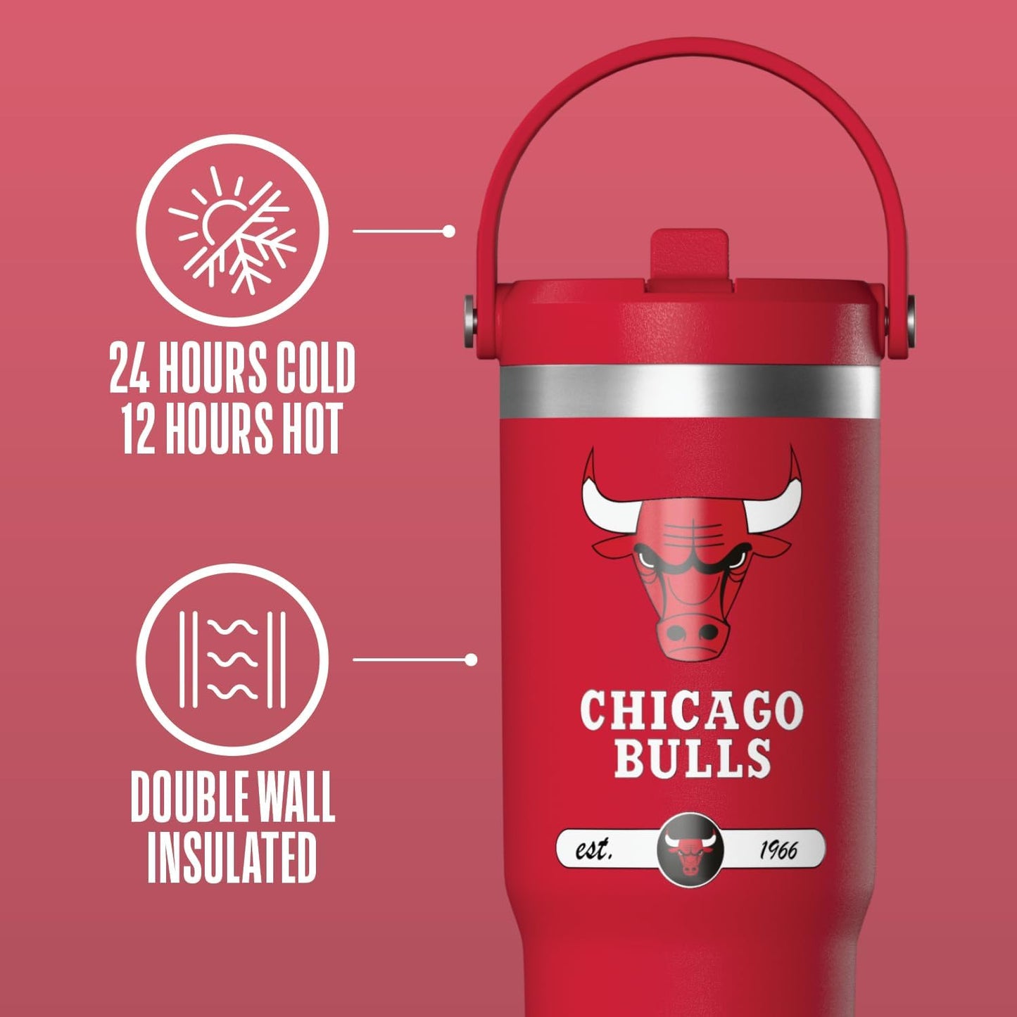 NBA Officially Licensed New York Knicks Nomad 32oz Insulated Stainless Steel Leakproof Travel Tumbler with Flexible Grip Handle, Straw Lid & Cupholder Friendly
